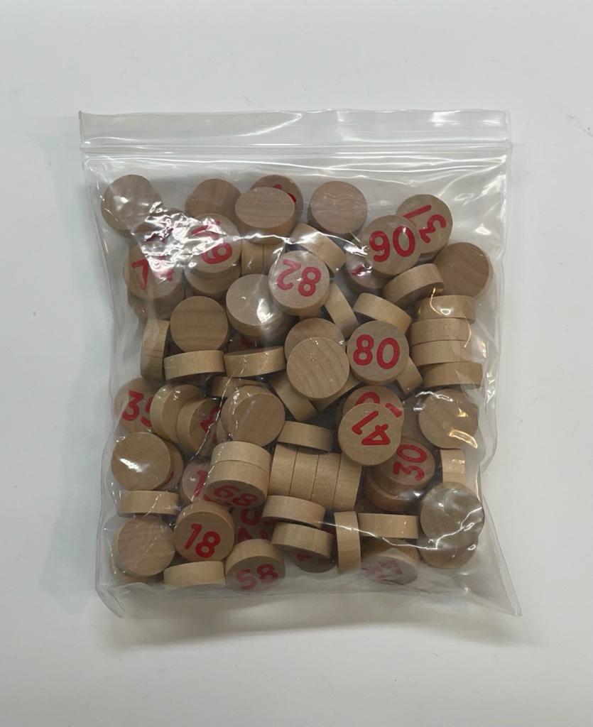 Fichas de loteria de madera marcadas a una cara